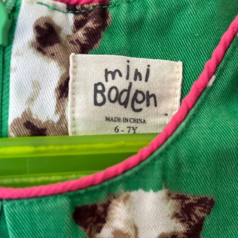 Mini Boden Green Dog Print Dress 6-7 Cute Puppy Dress Sleeveless A-line EUC